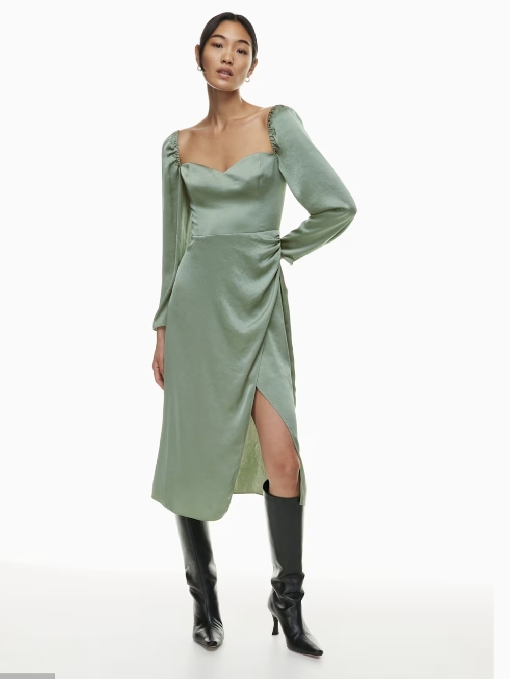 Aritzia Wilfred Anfora Satin Long Sleeve Midi Dress in Gallery Green